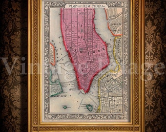 Old Map of New York City, 1860 Antique Restoration Hardware Style NYC MAP sizes up to 43" x 54" Old New York map Wall art Fine print