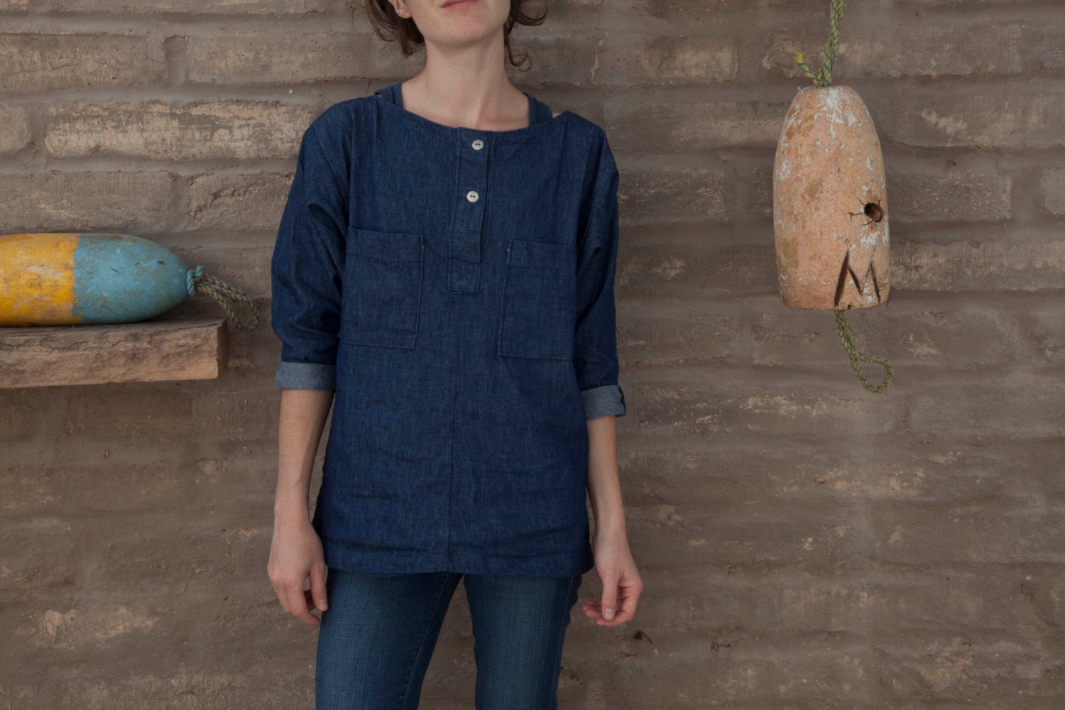 SALE 30off size S Artist smock shirt 5 / henley tunic in