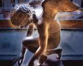 Cherub, blue, tan, from the Louvre in Paris France, Angel, Wings, Blue Gray, Warm Brown, kneeling with dreamy soft background, Cherub gold Cherub, blue, tan, from the Louvre in Paris France, Angel, Wings, Blue Gray, Warm Brown, kneeling with dreamy soft background, Cherub gold