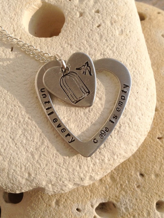 Vegan necklace, vegan jewelry, until every cage is empty, animal rights, handstamped heart washer and heart pendant on 16" chain.