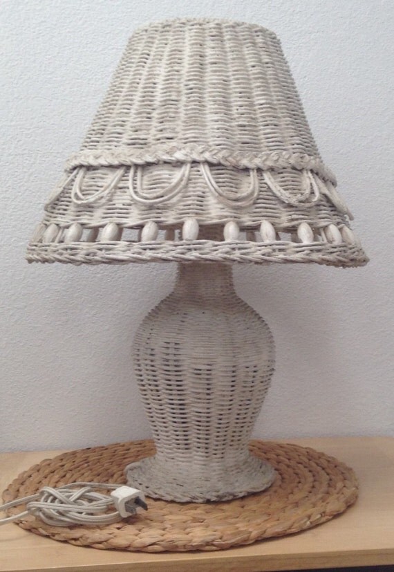 Vintage White Wicker Tabletop Lamp & Shade by