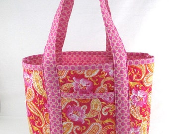 Navy Blue and Pink Floral Quilted Tote Bag Beach by DundasDuffles