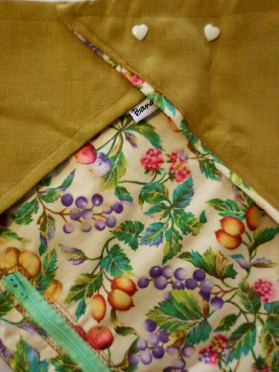 Wild Fruits: Mixed Fruit Print on Cotton & Loose-Weave Moss Green Linen Reversible Bandana with Stash Pocket by BandHäna