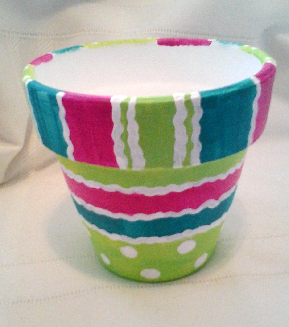 Hand Painted Clay Pot Creative Design Pink Green Teal