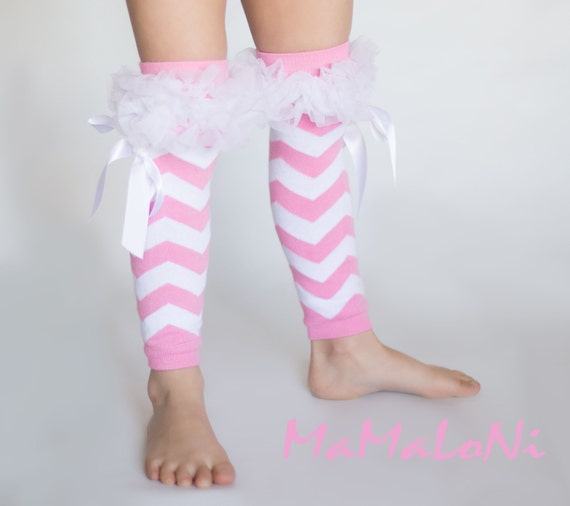 CHEVRON peach pink white RUFFLE BOW leg warmers by MaMaLoNicouture