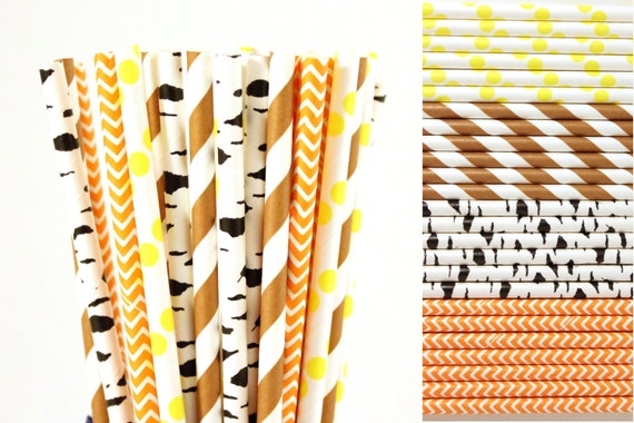 Woodland Paper Straw Mix-Orange Straws-Yellow Straws-Tree Straws-Brown Straws-Striped Straws-Chevron Straws-Polka Dot Straws-Party Straws Il_570xn