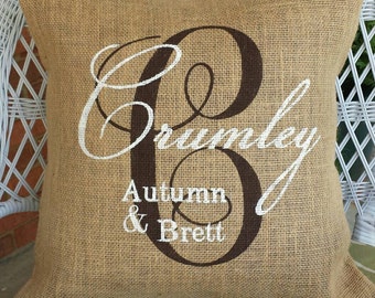 Painted Burlap Pillow, Personalized Wedding Gift