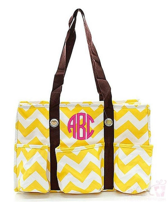 Personalized Tote Bag Chevron Yellow White Organizing Large Utility ...