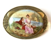 Antique Victorian Brooch / Edwardian Hand Painted Porcelain / Art Nouveau Sash Pin / Vintage Large HP Brass Brooch / Romantic Estate Jewelry