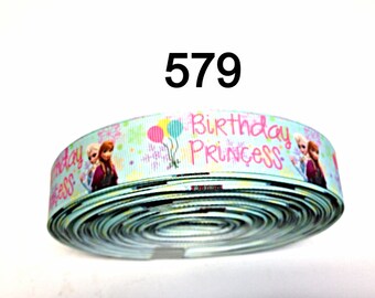 3 or 5 yard - 1" Frozen Princess Anna and Elsa Happy Birthday on Light Green Grosgrain Ribbon Hair bow