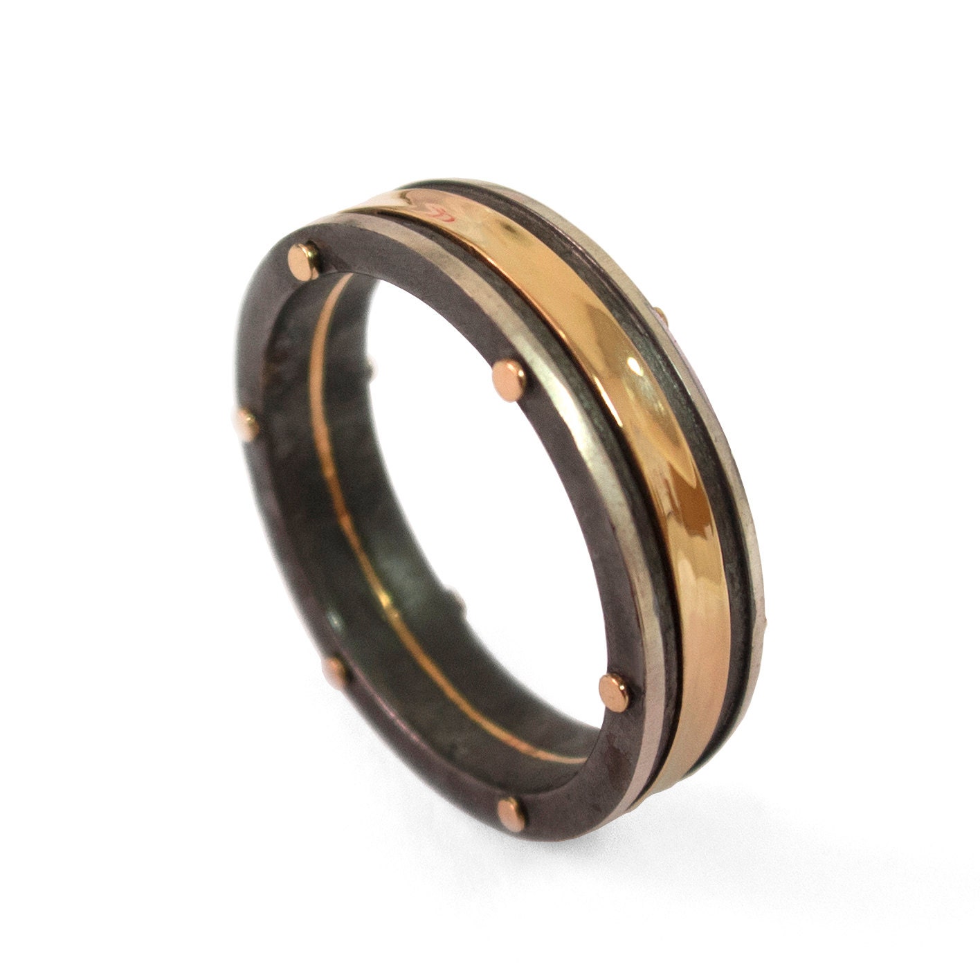Gold Wedding Band, Men's 18K Rose Gold and Oxidized Silver Wedding band, steampunk, Wedding ring, black and gold ring