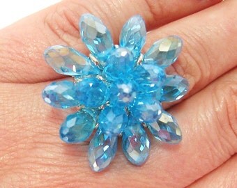 Aqua Blue Crystal Teardrop Flower Ring Parts