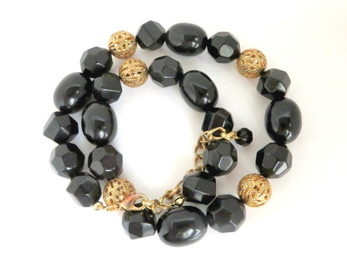 Vintage Black and Gold Filigree Beaded Choker Necklace