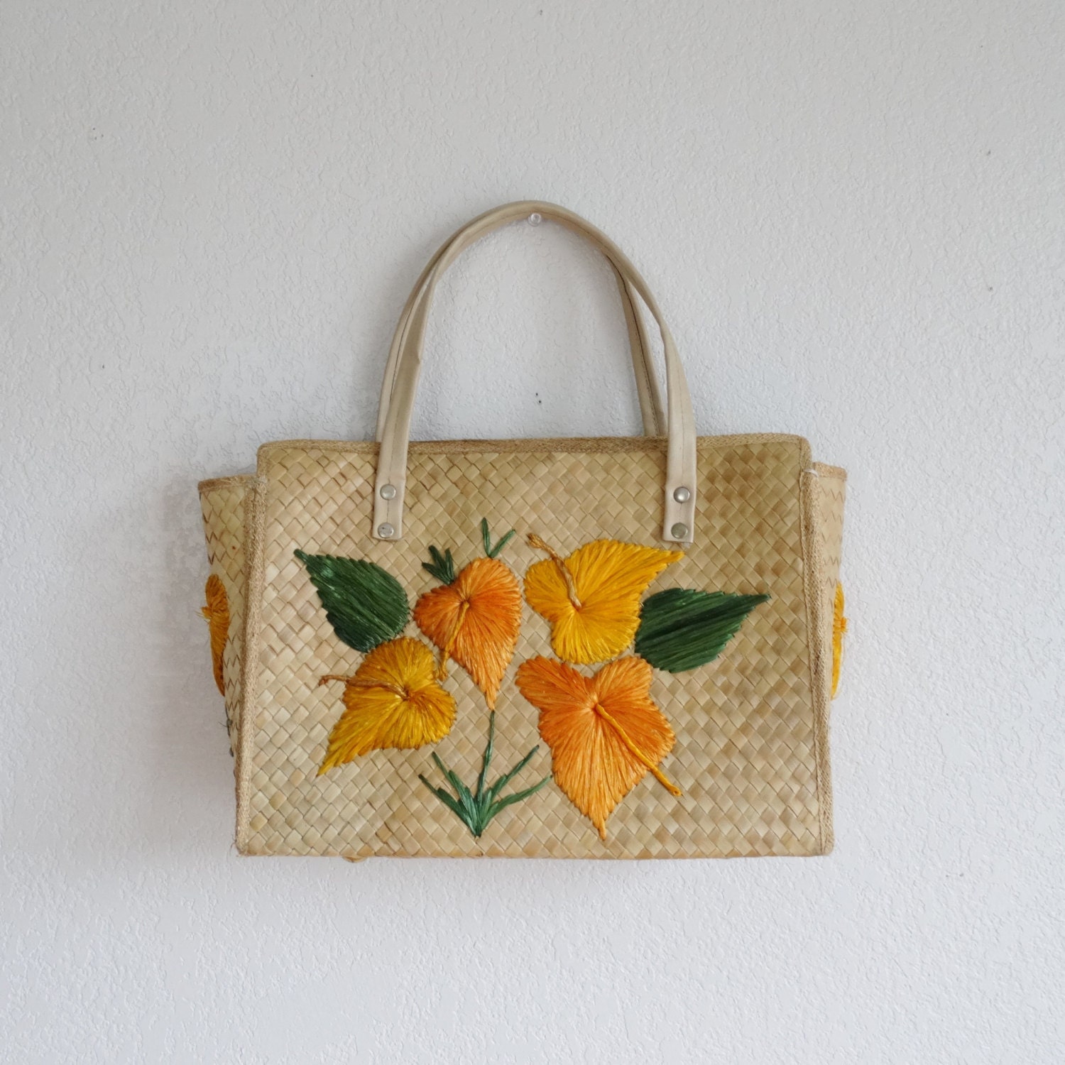 vintage embroidered straw purse wicker basket by FoundbyMeVintage