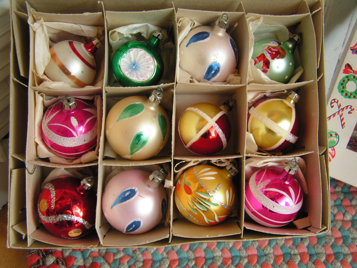 Vintage Box of 12 Hand Painted Mica Christmas Ornaments Made