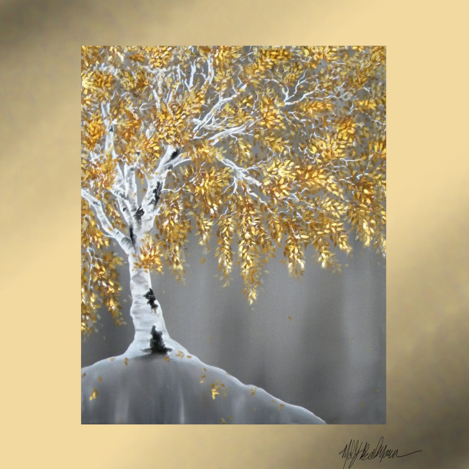 Golden Tree 16x20 Oil Painting Tree with Metallic by FoxCatStudio