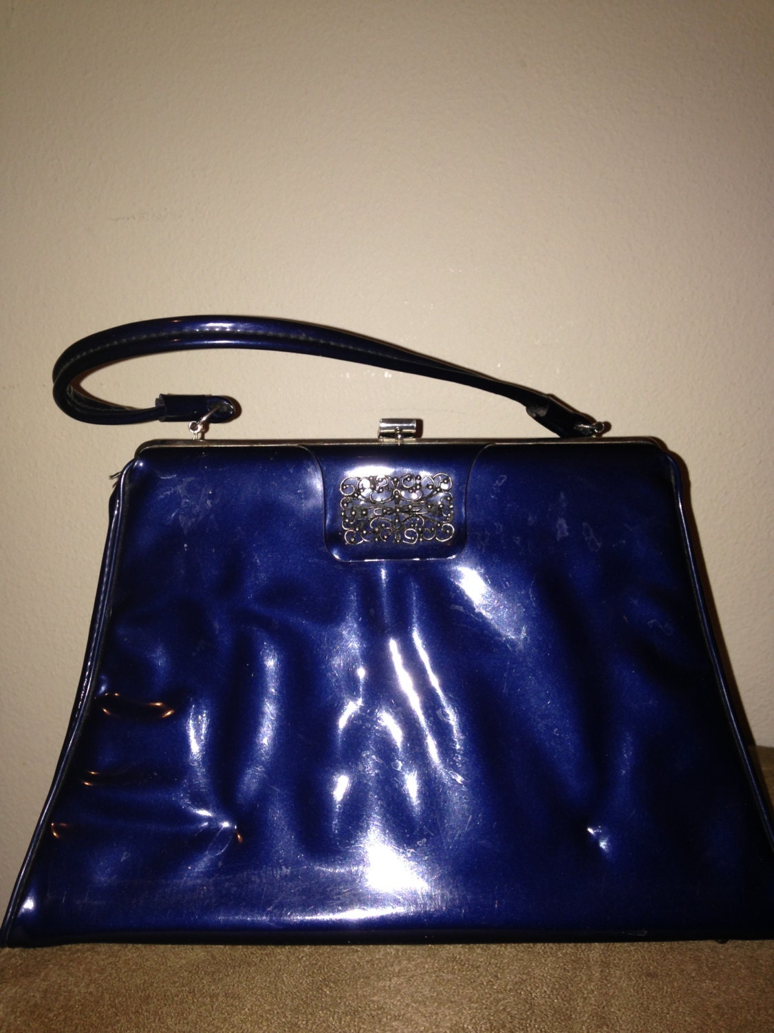 Navy Blue Patent Handbag By Bluffviewvintage On Etsy 5688