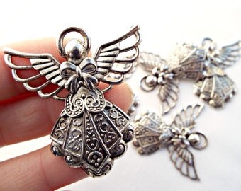 Silver Angel Pendant, Guardian Angel, Tibetan Silver, Silver Angel Charm, Findings Supplies, Silver Pendant, Set of 5 Angels, UK Seller