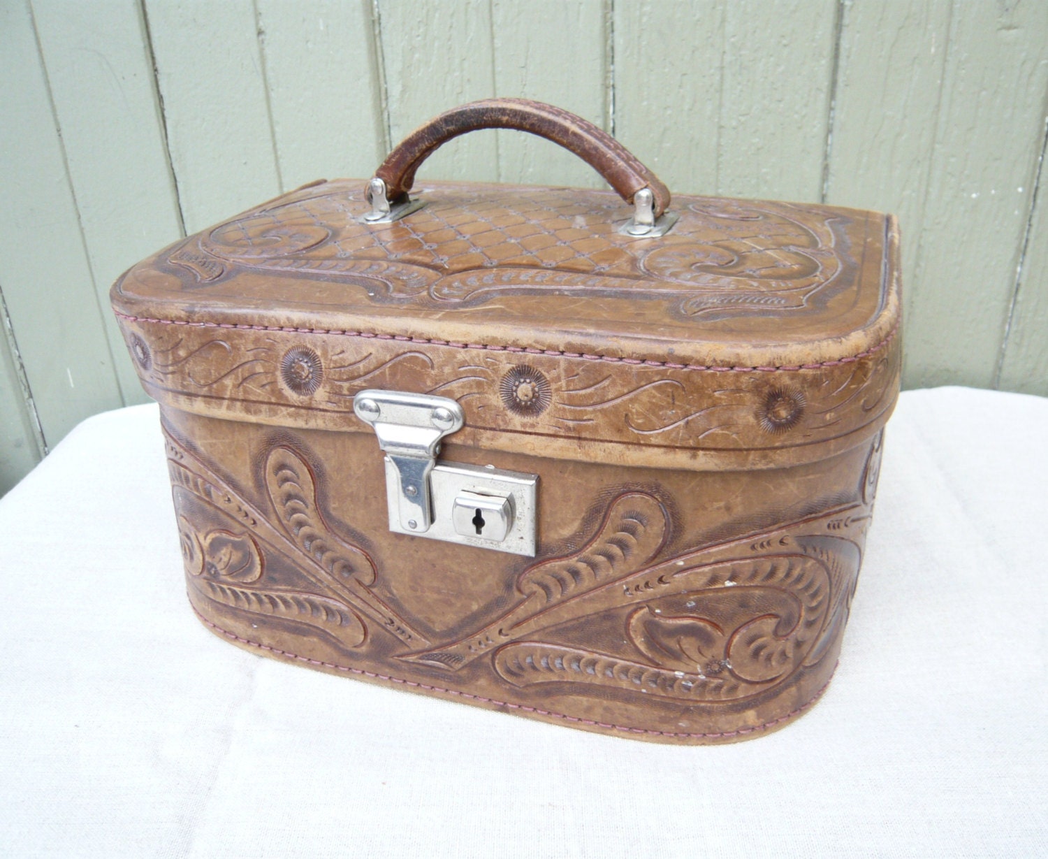 1950s Vintage Tooled Leather Train Case Suitcase by Gaitan.