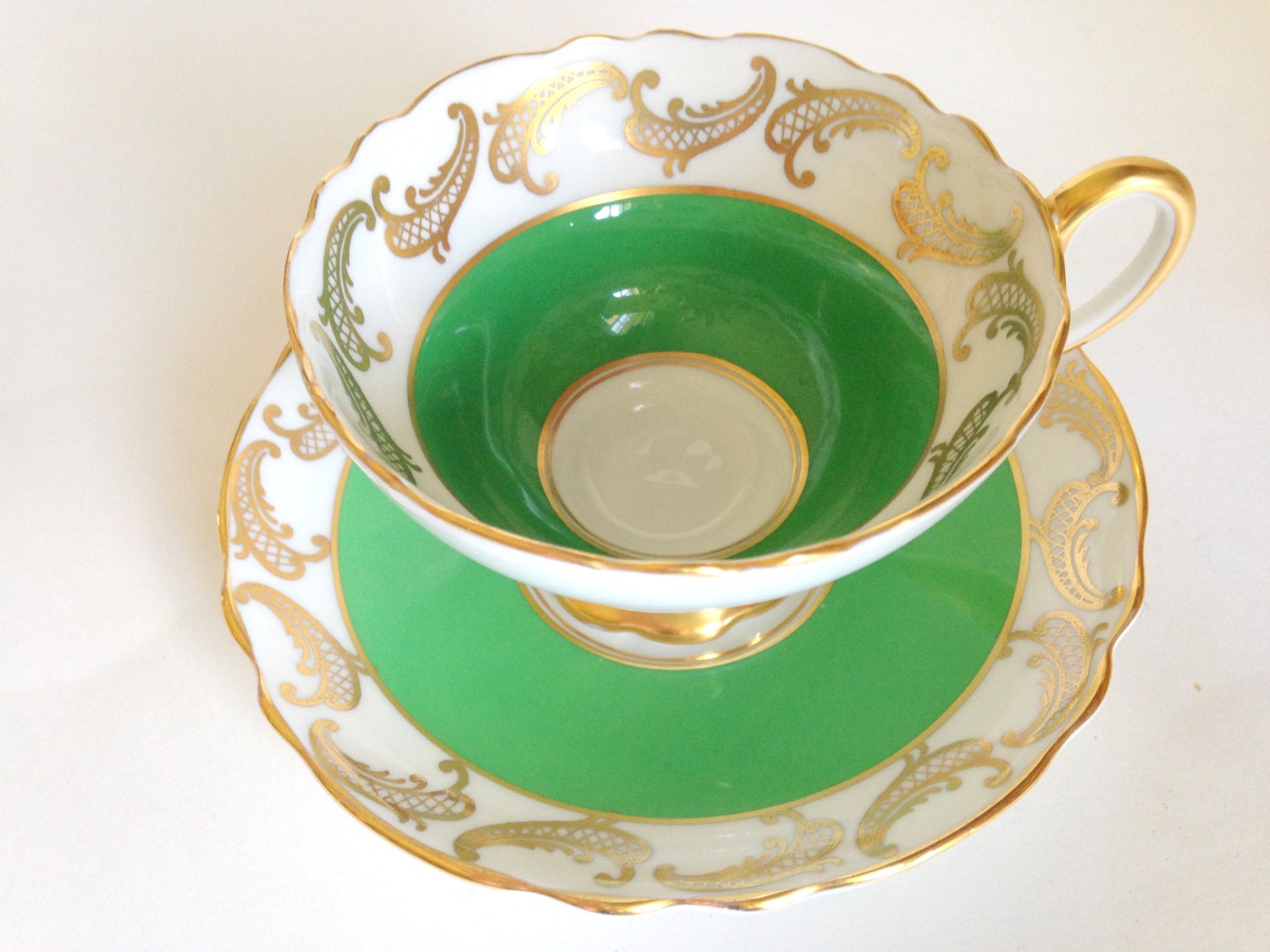 Glorious Green Crown Staffordshire Tea Cup and Saucer, Tea Set, Teacup