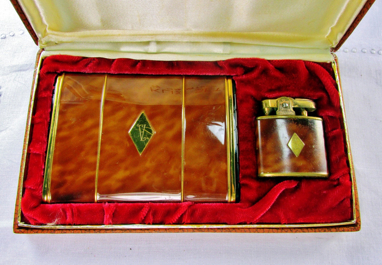 Vintage Cigarette Case Lighter Set Signed Klix Marathon And