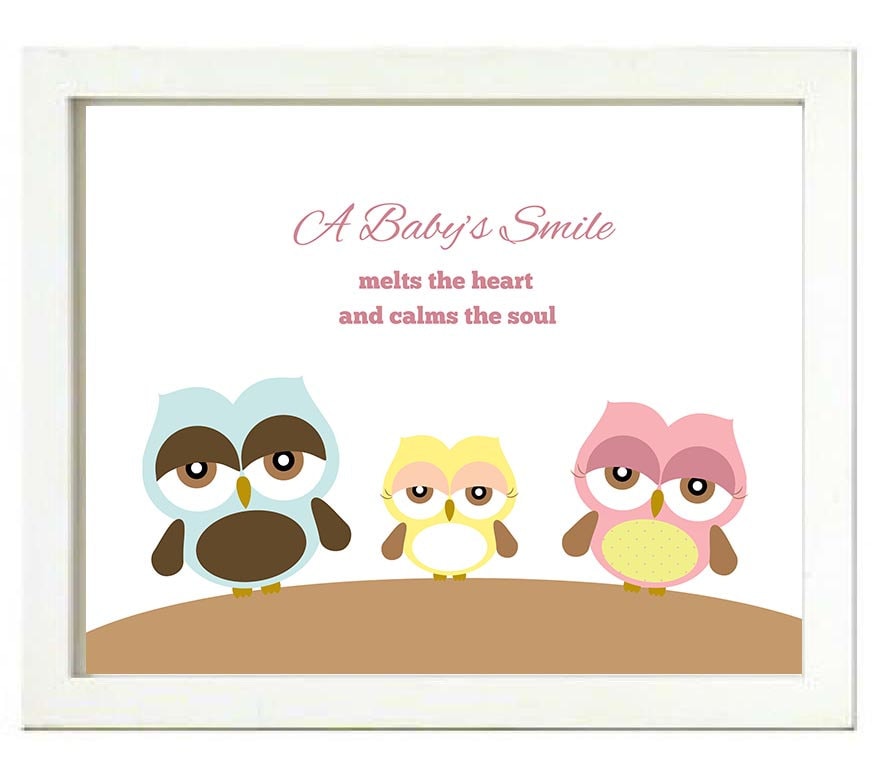 Baby Owl Family Nursery Art Print A Babys Smile melts the heart and calms the soul Girl Pink Blue Ye