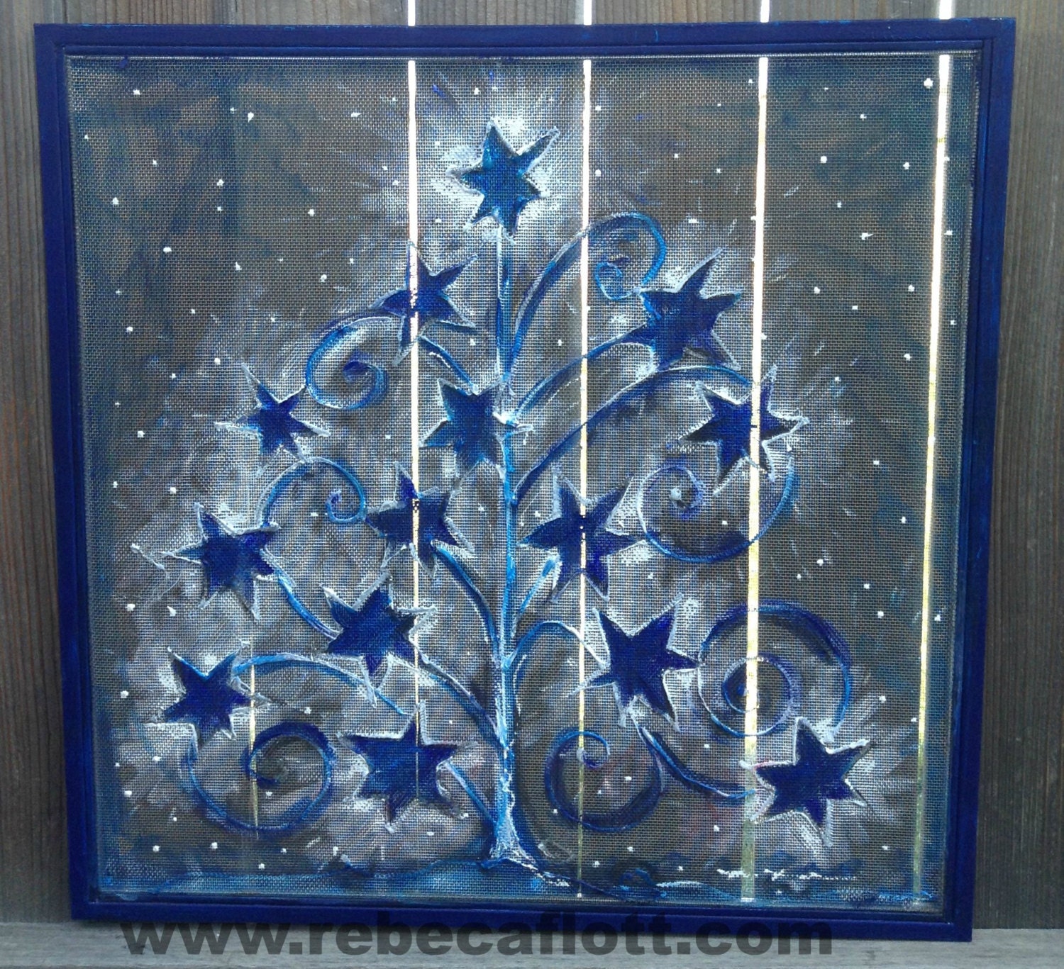 Recycle Old window Screen hand painting Blue by RebecaFlottArts