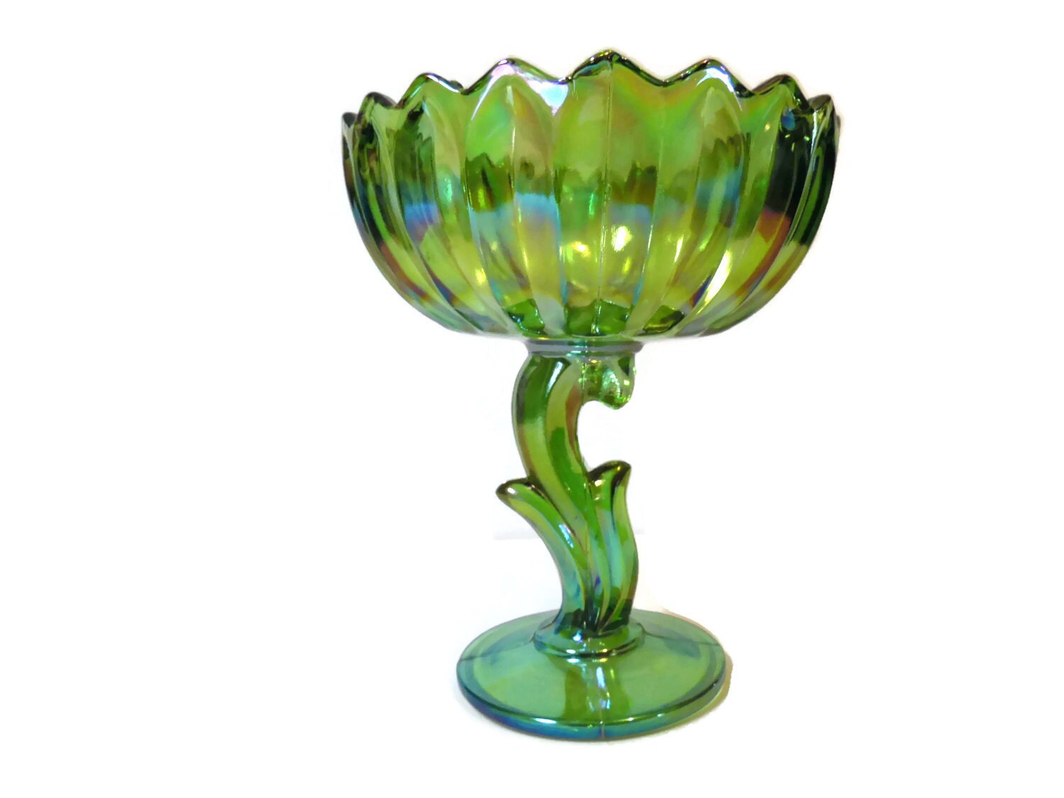 Green Carnival Glass Compote Vintage Candy Dish by SandysLeaf