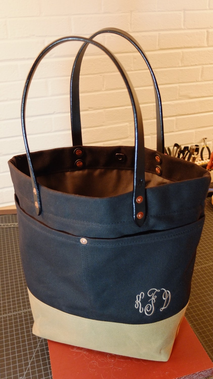 Waxed Canvas Tote Bag with Leather Handles Large Black & Tan