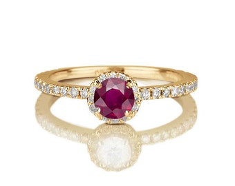 SALE - Ruby Engagement Ring, Micro Pave Ring, 14K Gold Ring, Halo Engagement Ring, 0.57 TCW Ruby Ring Vintage, Unique Rings