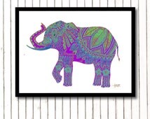 Elephant Print, Zentangle, Purple, Pen and Ink, Doodle Art, Ganesha ...