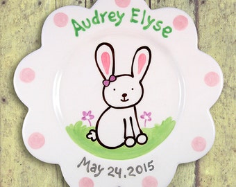 Gift for Newborn - Baby Personalized Girl Gift - Infant Girl - Easter Bunny - Hand Painted Ceramic Plate - 1st Easter Baby Plate - Pastel