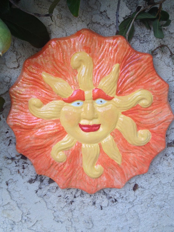 Handmade handpainted cement Sun wall hanging for indoors or