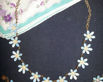 1930's Guilloche Enamel And Pearl Flower Demi Parure Necklace And Bracelet...