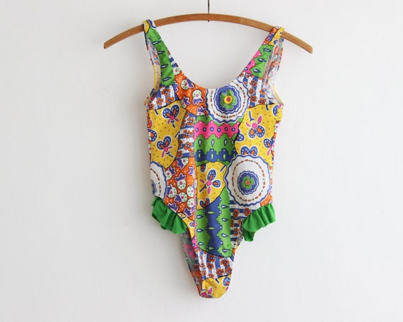 90s Girls One Piece Swimsuit/ Vintage Little Girl Swimwear/