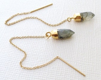 Labradorite Threader Earrings ~ 14k Gold Filled Chain Threader Crystal Point Earrings