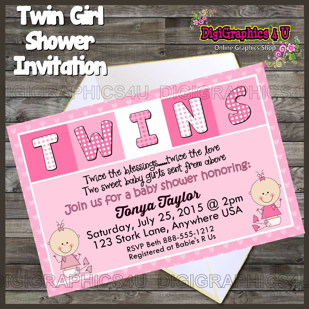 Printable Personalized Twin Baby Girls Shower by DigiGraphics4u