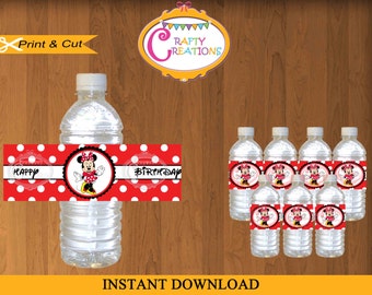 Printable Red Minnie Mouse WATER BOTTLE LABELS - instant Download -Print Your Own - Crafty Creations