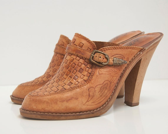 ... from Brazil | Hippie Boho Chic Slip On Woven Leather Wood Heel Shoes