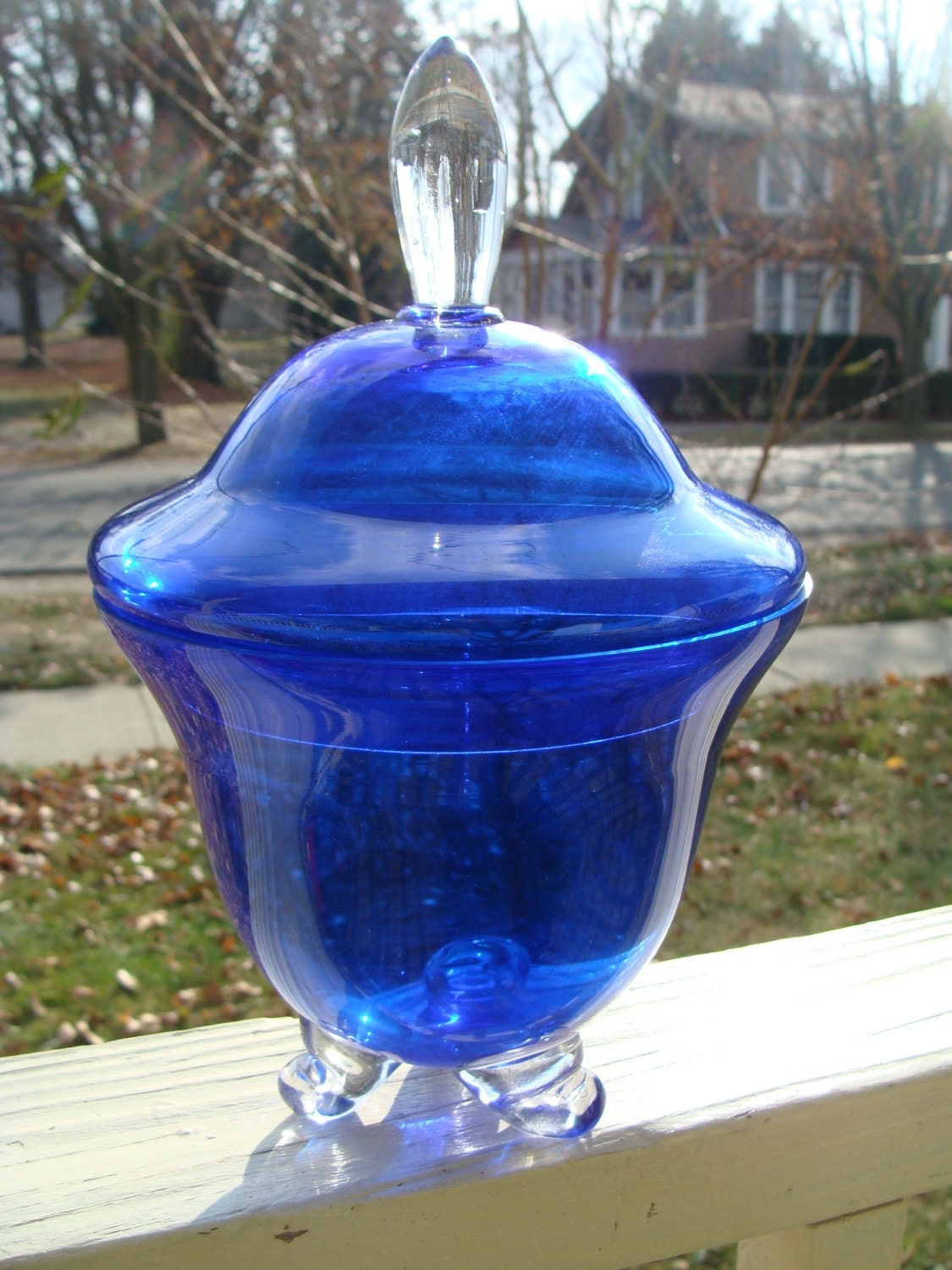 Vintage Elegant Hand Blown Art Glass Covered Candy Bowl Dish Cobalt