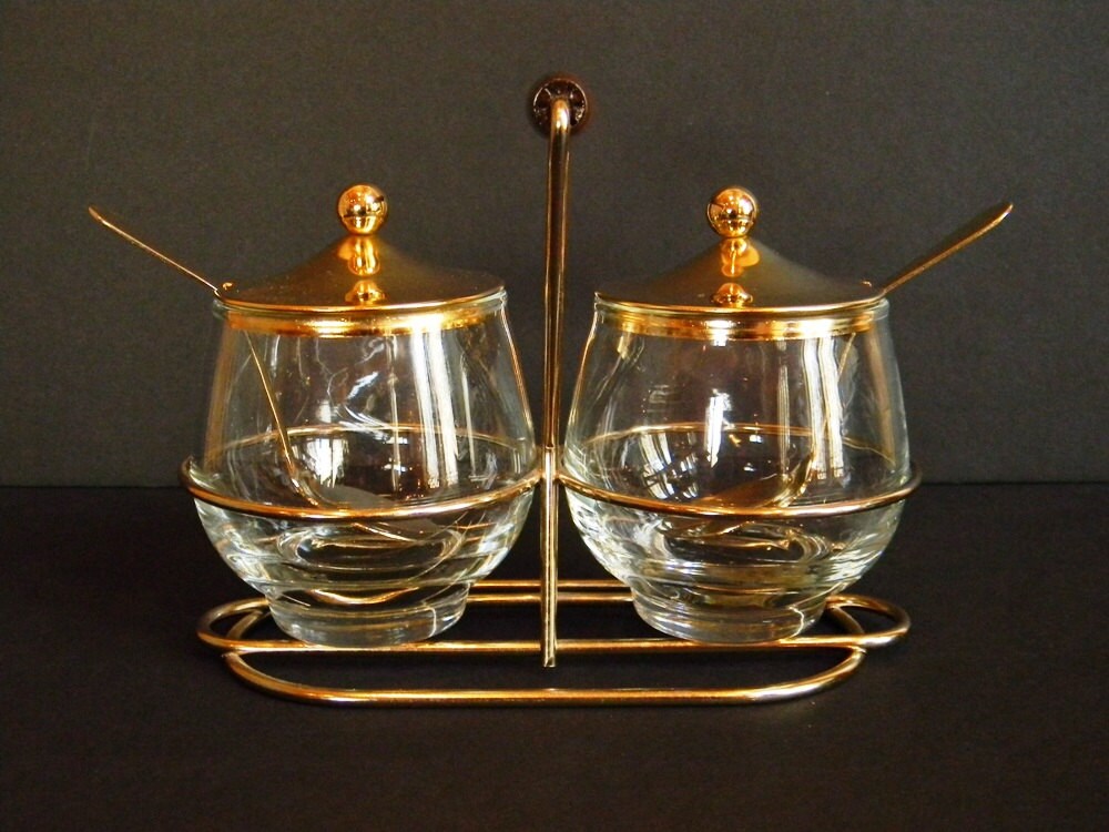 Vintage Condiment Set, Condiment Caddy with Lidded Glass Jars and Gold
