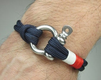 EXPRESS SHIPPING Paracord Bracelet in Navy Blue Survival Bracelet /Nautical Sailing Bracelet Stainless steel Shackle-Mens Bracelet-White Red