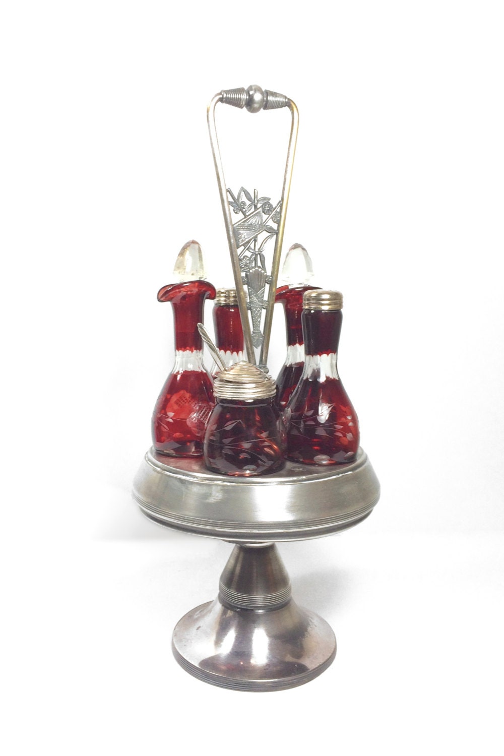 Ruby Red Cut to Clear Cruet Set with Quadruple Silverplate