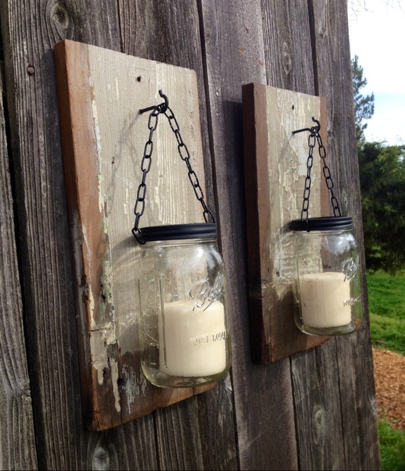 Barn wood mason jar candle holders by Thesalvagednail on Etsy