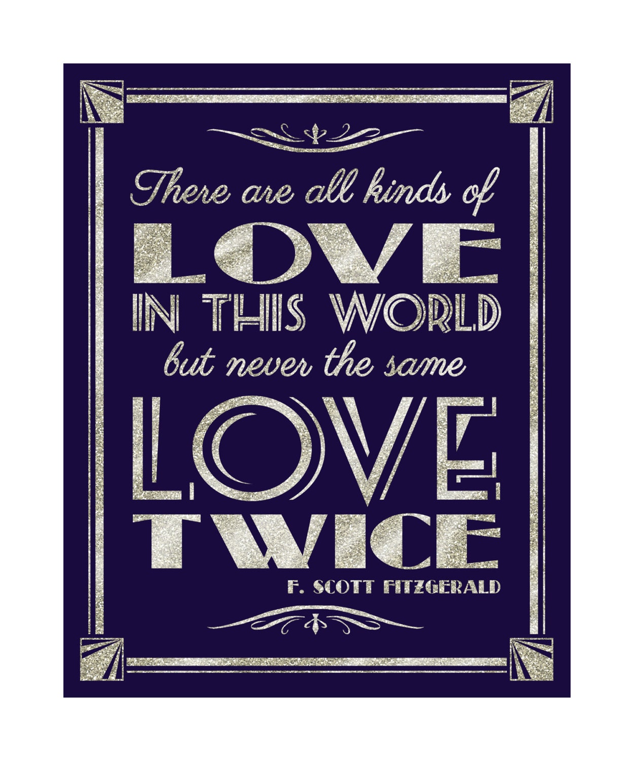 Printable NEVER the same LOVE TWICE fitzgerald quote Great Gatsby 1920 s theme instant digital file navy and glitter silver