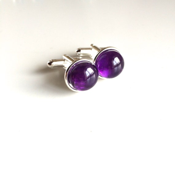 Genuine Amethyst Cuff Links ~ Sterling Silver Plated ~ A+++ Stones ~ 12mm