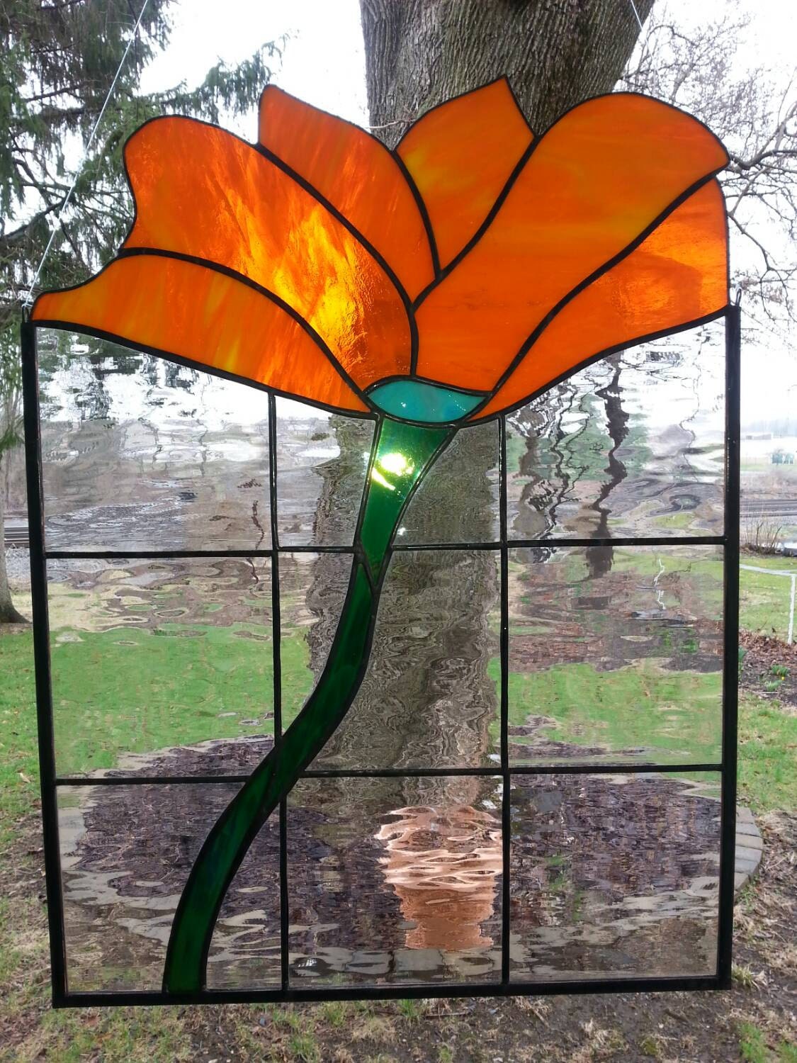 Items similar to Stained glass panel. Orange Poppy on Etsy