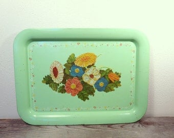 Vintage Boho Tray / Rustic Metal Tray / Shabby Chic Tray / Green Metal Tray