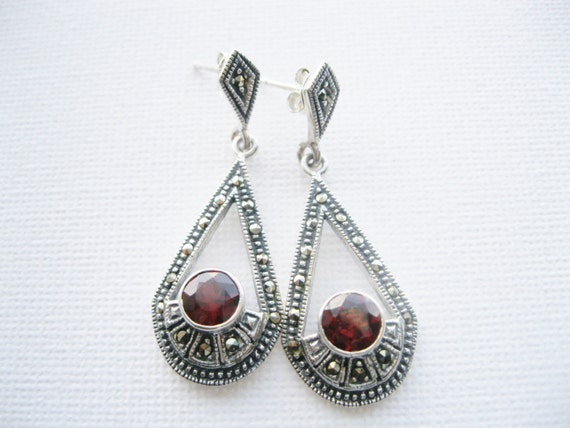 Sterling Silver & Marcasite Dangle Earrings Ruby Red