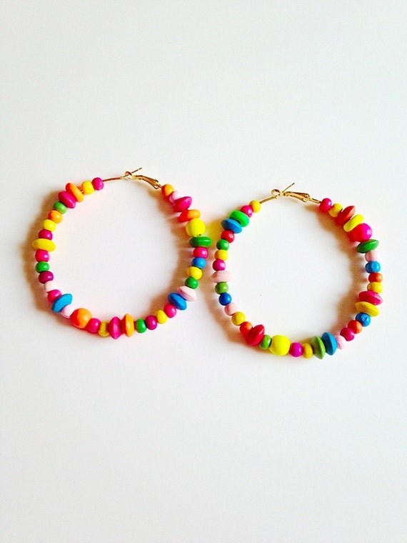 Download SALE Beaded Hoop Earrings Wood Bead Earrings Hoop Earrings